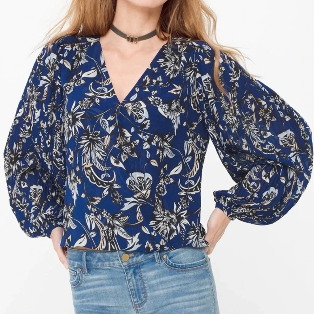 White House Black Market Blue Floral Print Wrap Surplice Blouse Top Shirt 10